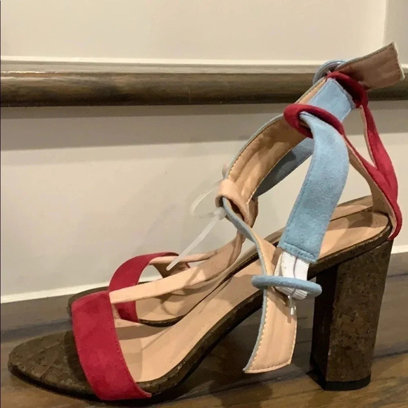 Color Block Suede Sandals Ankle Strap Block Heel New - Picture 2 of 5